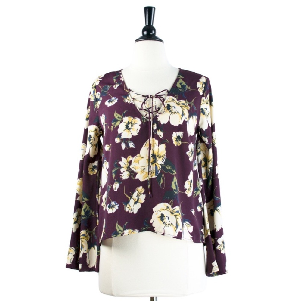 JOA | Silky Burgundy Floral Print Long Sleeve Top with Lace Up V-Neckline